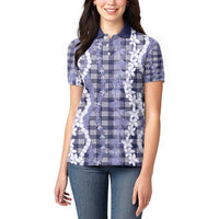Hawaiian Ohia Lehua Lei Women Polo Shirt Plaid Palaka Uliuli hohonu Pattern - Polynesian Pride