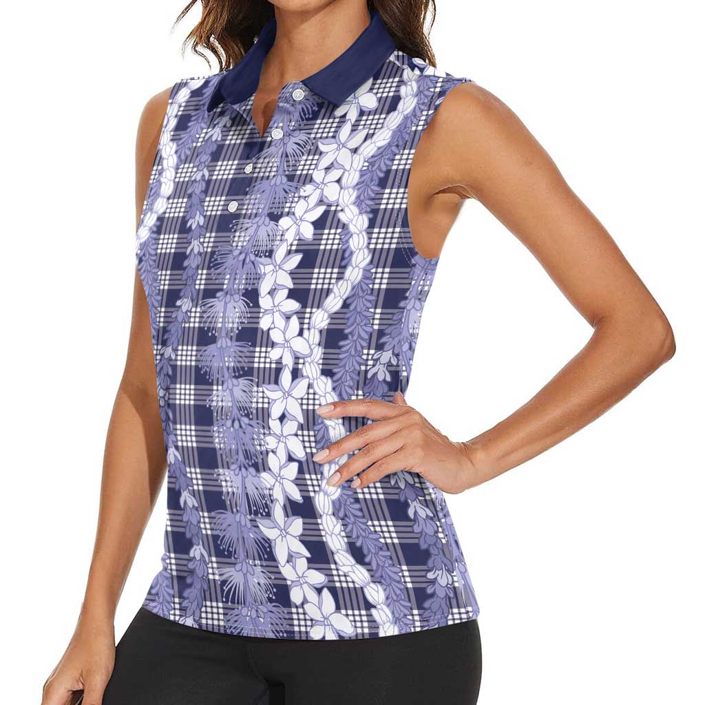 Hawaiian Ohia Lehua Lei Women Sleeveless Polo Shirt Plaid Palaka Uliuli hohonu Pattern - Polynesian Pride