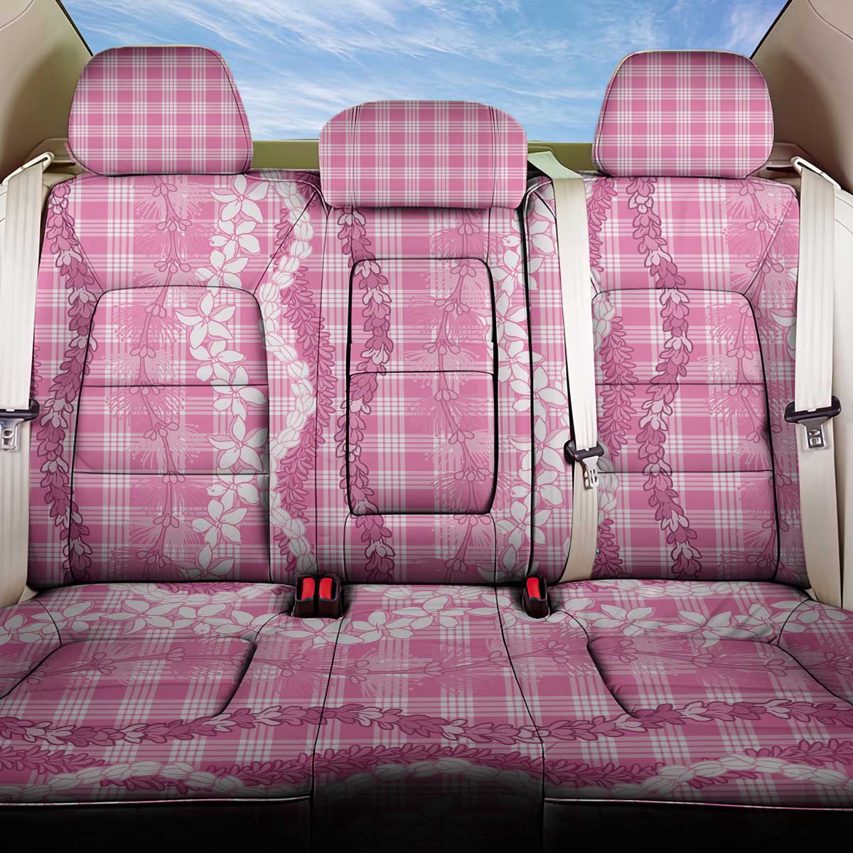 Hawaiian Ohia Lehua Lei Back Car Seat Cover Plaid Palaka Akala Pattern - Polynesian Pride