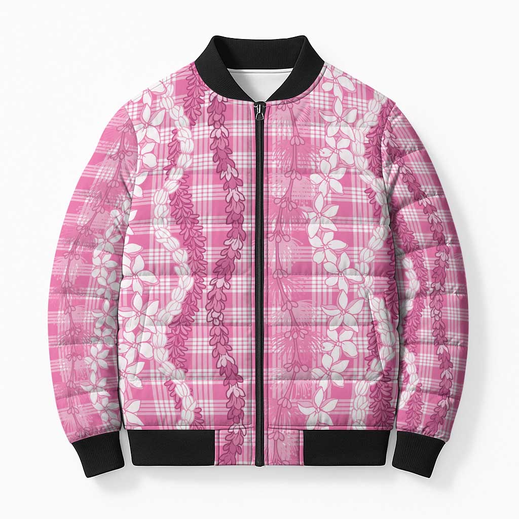 Hawaiian Ohia Lehua Lei Bomber Puffer Jacket Plaid Palaka Akala Pattern - Polynesian Pride
