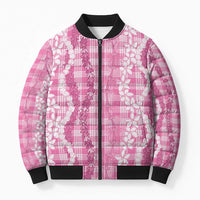 Hawaiian Ohia Lehua Lei Bomber Puffer Jacket Plaid Palaka Akala Pattern - Polynesian Pride