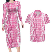 Hawaiian Ohia Lehua Lei Couples Matching Long Sleeve Bodycon Dress and Hawaiian Shirt Plaid Palaka Akala Pattern - Polynesian Pride