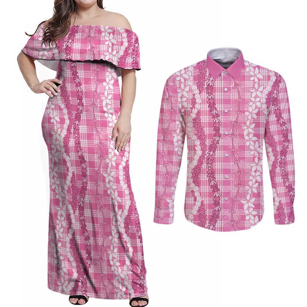 Hawaiian Ohia Lehua Lei Couples Matching Off Shoulder Maxi Dress and Long Sleeve Button Shirt Plaid Palaka Akala Pattern - Polynesian Pride