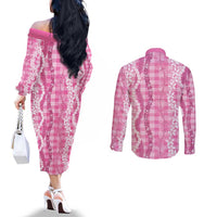 Hawaiian Ohia Lehua Lei Couples Matching Off The Shoulder Long Sleeve Dress and Long Sleeve Button Shirt Plaid Palaka Akala Pattern - Polynesian Pride