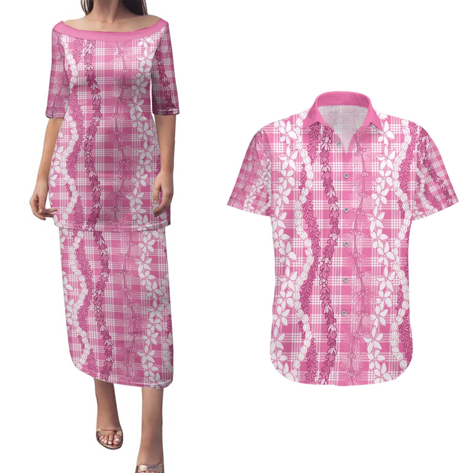 Hawaiian Ohia Lehua Lei Couples Matching Puletasi and Hawaiian Shirt Plaid Palaka Akala Pattern - Polynesian Pride