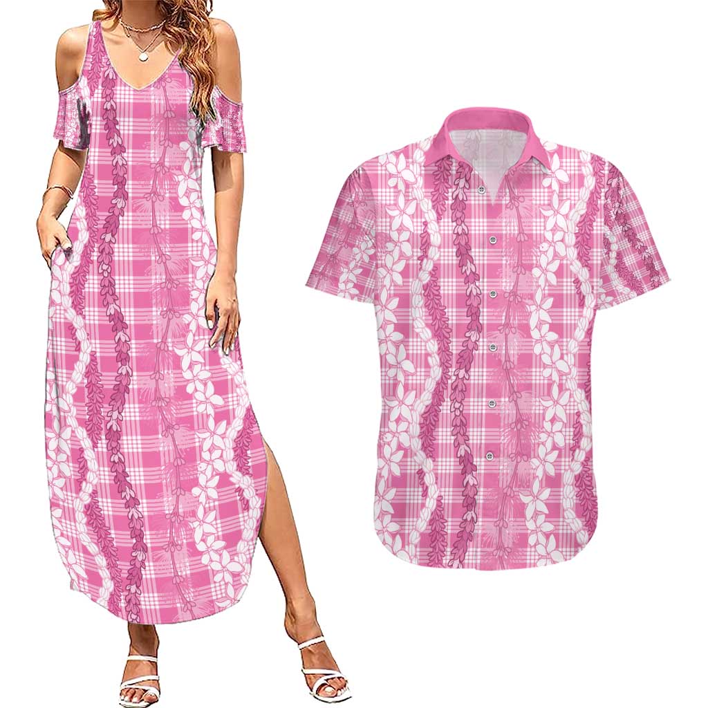 Hawaiian Ohia Lehua Lei Couples Matching Summer Maxi Dress and Hawaiian Shirt Plaid Palaka Akala Pattern - Polynesian Pride