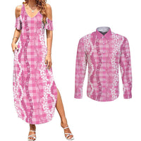 Hawaiian Ohia Lehua Lei Couples Matching Summer Maxi Dress and Long Sleeve Button Shirt Plaid Palaka Akala Pattern - Polynesian Pride