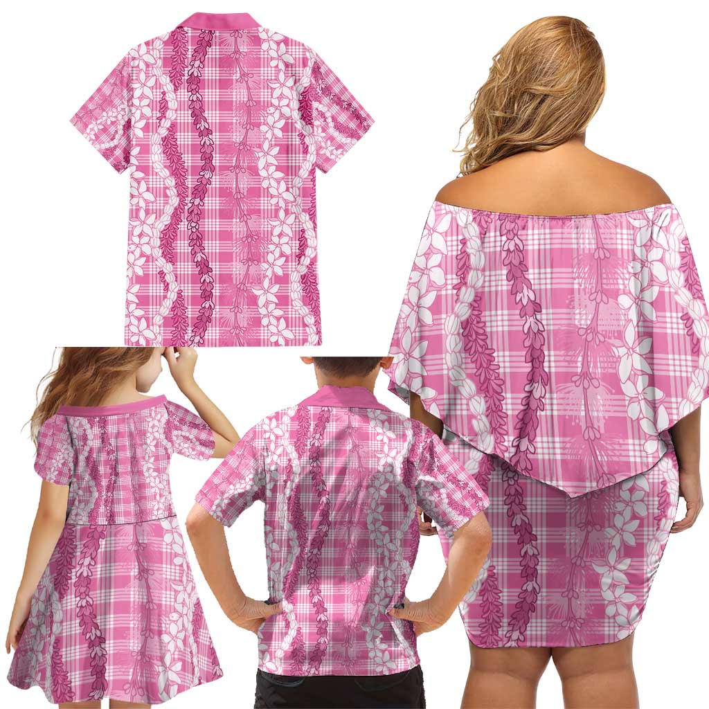 Hawaiian Ohia Lehua Lei Family Matching Off Shoulder Short Dress and Hawaiian Shirt Plaid Palaka Akala Pattern - Polynesian Pride