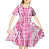 Hawaiian Ohia Lehua Lei Kid Short Sleeve Dress Plaid Palaka Akala Pattern - Polynesian Pride