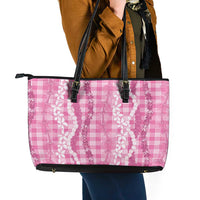 Hawaiian Ohia Lehua Lei Leather Tote Bag Plaid Palaka Akala Pattern - Polynesian Pride