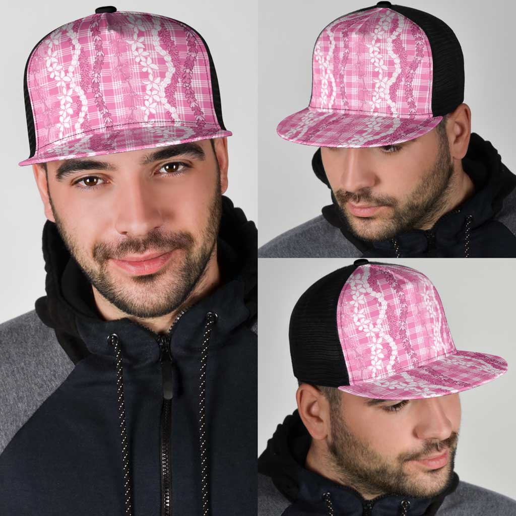 Hawaiian Ohia Lehua Lei Mesh Trucker Cap Plaid Palaka Akala Pattern - Polynesian Pride