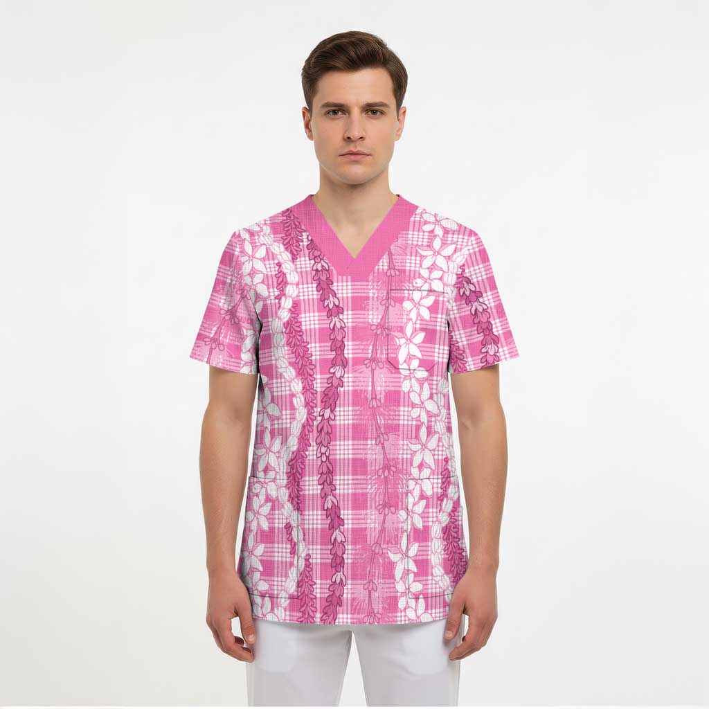Hawaiian Ohia Lehua Lei Scrub Top Plaid Palaka Akala Pattern - Polynesian Pride