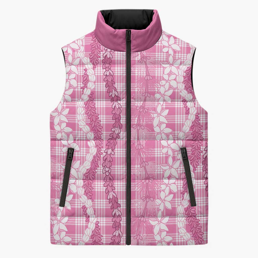 Hawaiian Ohia Lehua Lei Sleeveless Puffer Jacket Plaid Palaka Akala Pattern - Polynesian Pride