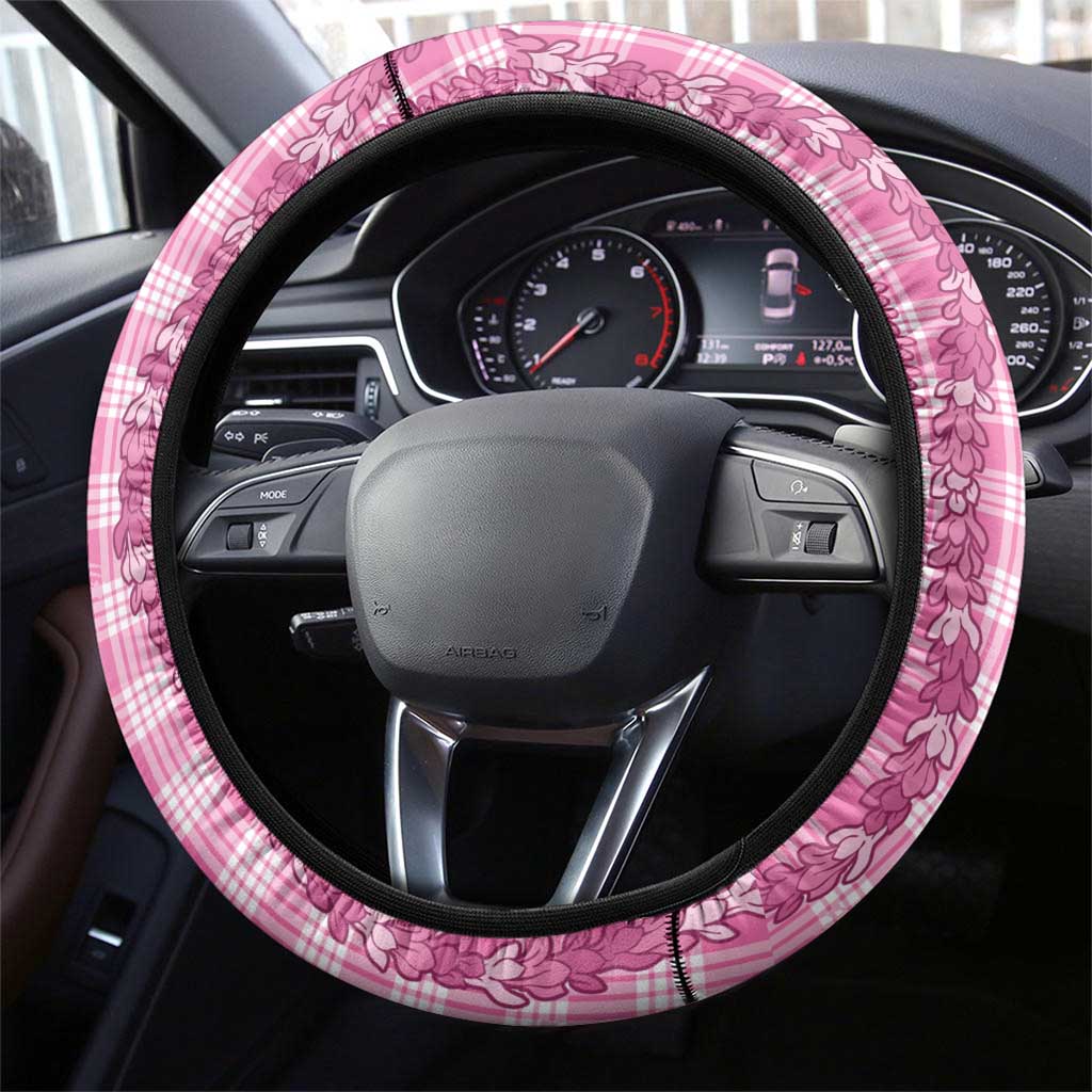 Hawaiian Ohia Lehua Lei Steering Wheel Cover Plaid Palaka Akala Pattern - Polynesian Pride
