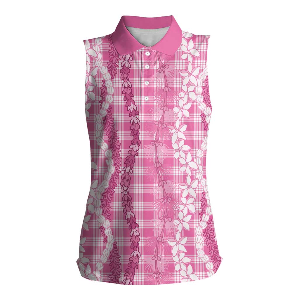 Hawaiian Ohia Lehua Lei Women Sleeveless Polo Shirt Plaid Palaka Akala Pattern - Polynesian Pride