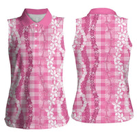 Hawaiian Ohia Lehua Lei Women Sleeveless Polo Shirt Plaid Palaka Akala Pattern - Polynesian Pride