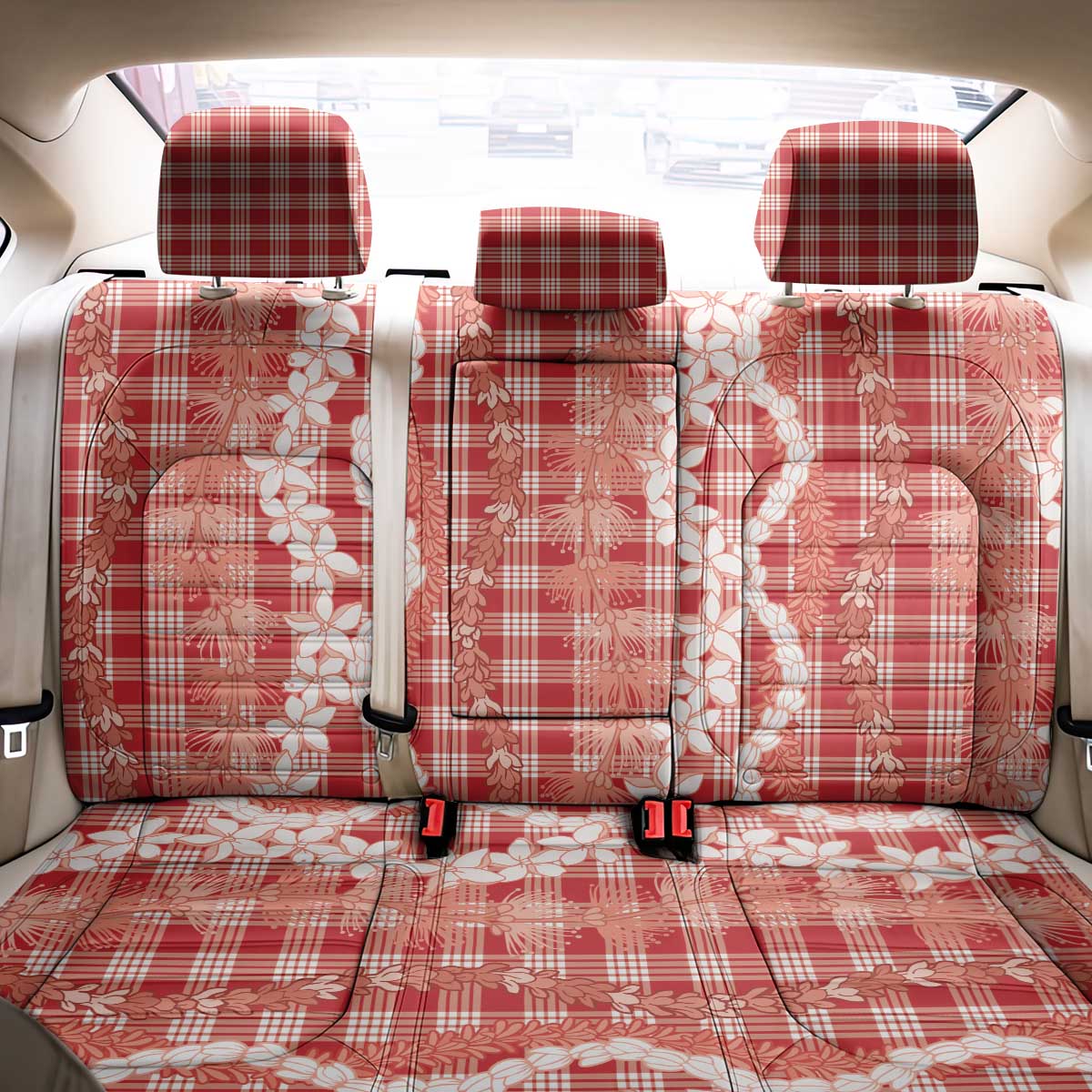 Hawaiian Ohia Lehua Lei Back Car Seat Cover Plaid Palaka Ulaula Pattern - Polynesian Pride