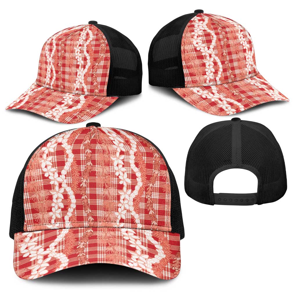 Hawaiian Ohia Lehua Lei Baseball Net Cap Plaid Palaka Ulaula Pattern - Polynesian Pride