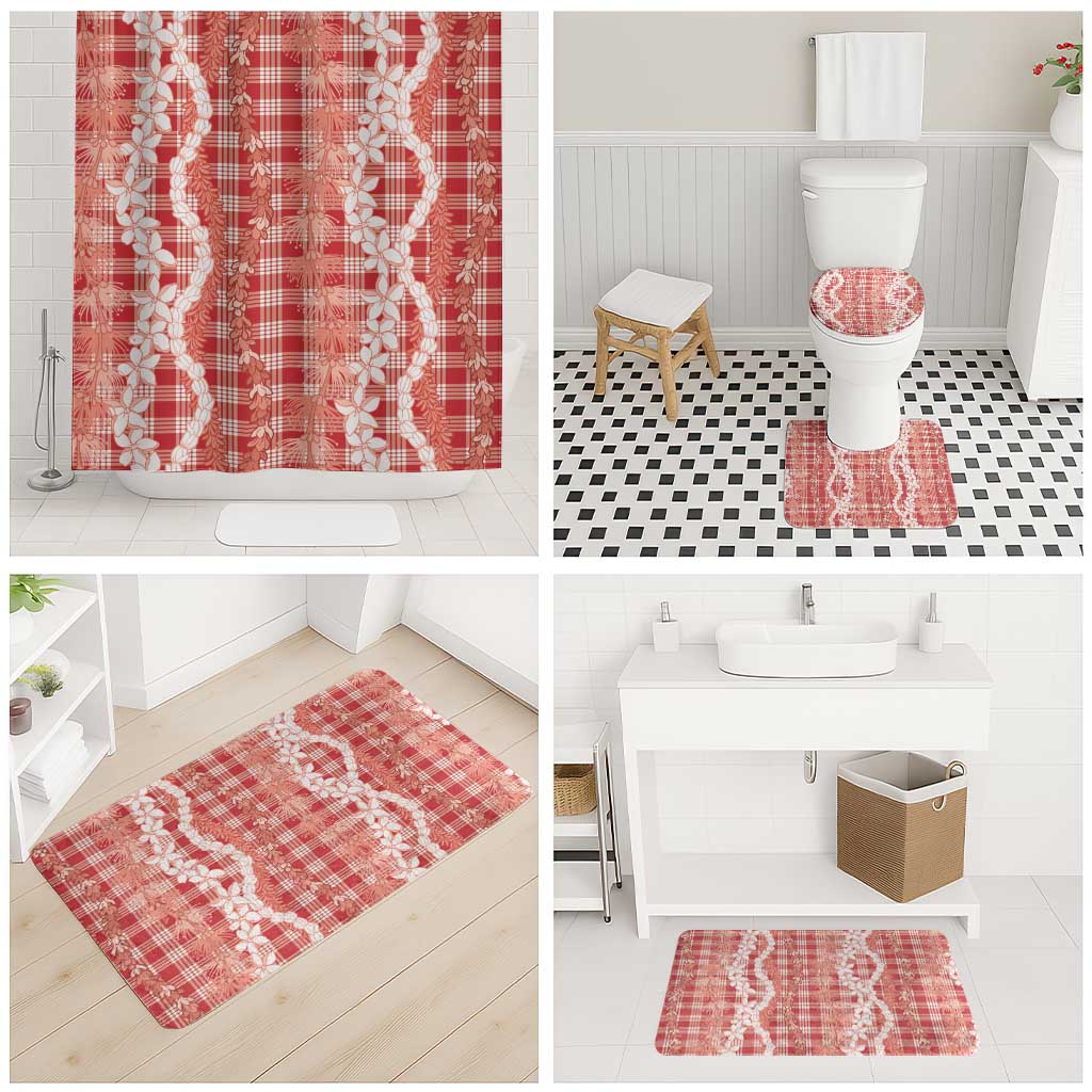Hawaiian Ohia Lehua Lei Bathroom Set Plaid Palaka Ulaula Pattern - Polynesian Pride