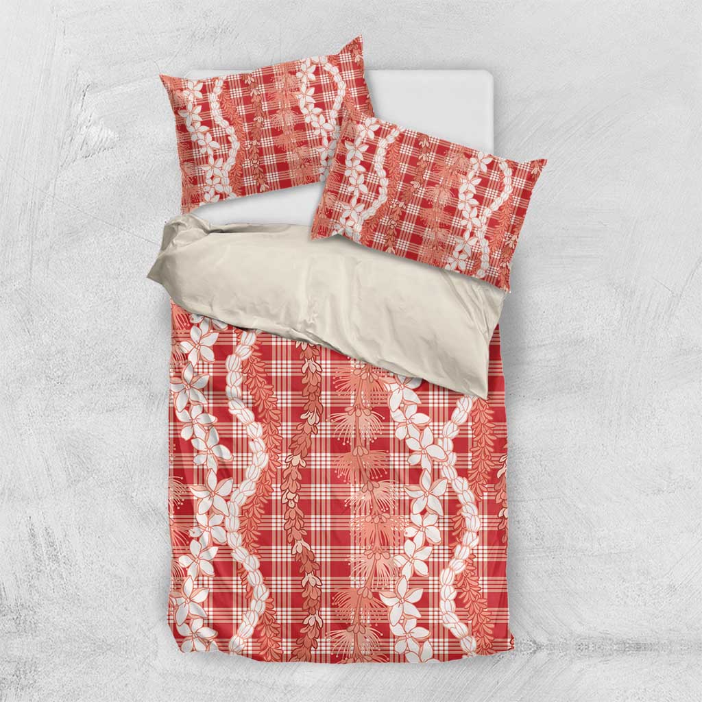 Hawaiian Ohia Lehua Lei Bedding Set Plaid Palaka Ulaula Pattern - Polynesian Pride
