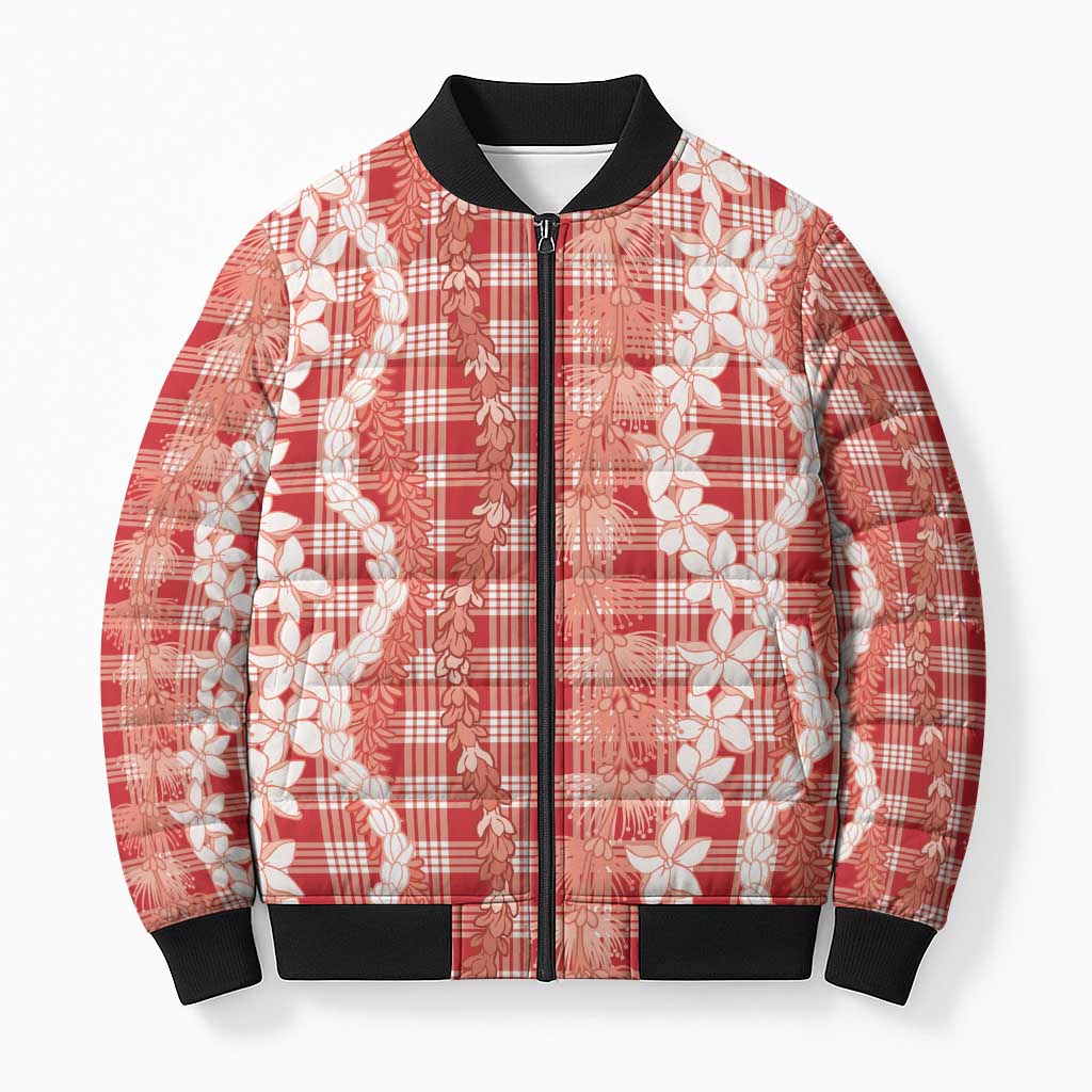 Hawaiian Ohia Lehua Lei Bomber Puffer Jacket Plaid Palaka Ulaula Pattern - Polynesian Pride