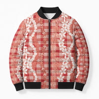 Hawaiian Ohia Lehua Lei Bomber Puffer Jacket Plaid Palaka Ulaula Pattern - Polynesian Pride