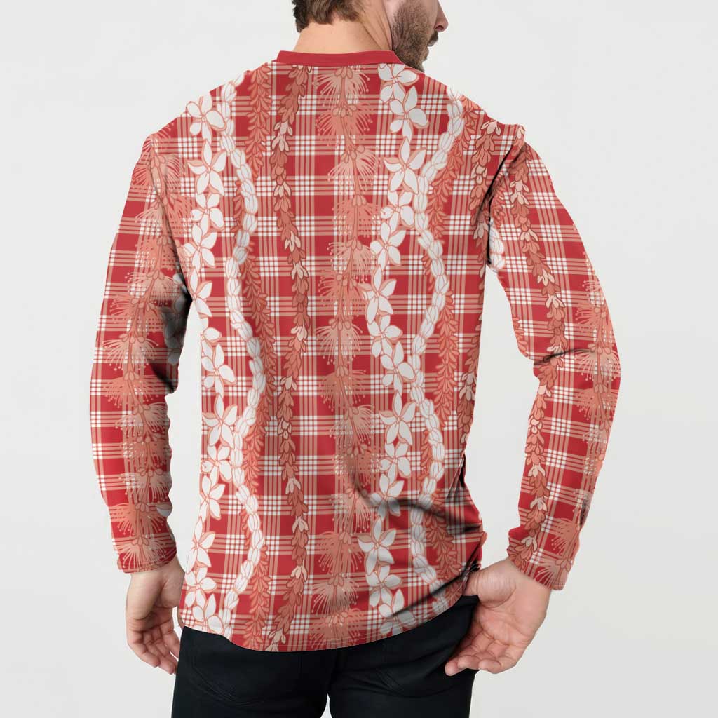 Hawaiian Ohia Lehua Lei Button Sweatshirt Plaid Palaka Ulaula Pattern - Polynesian Pride