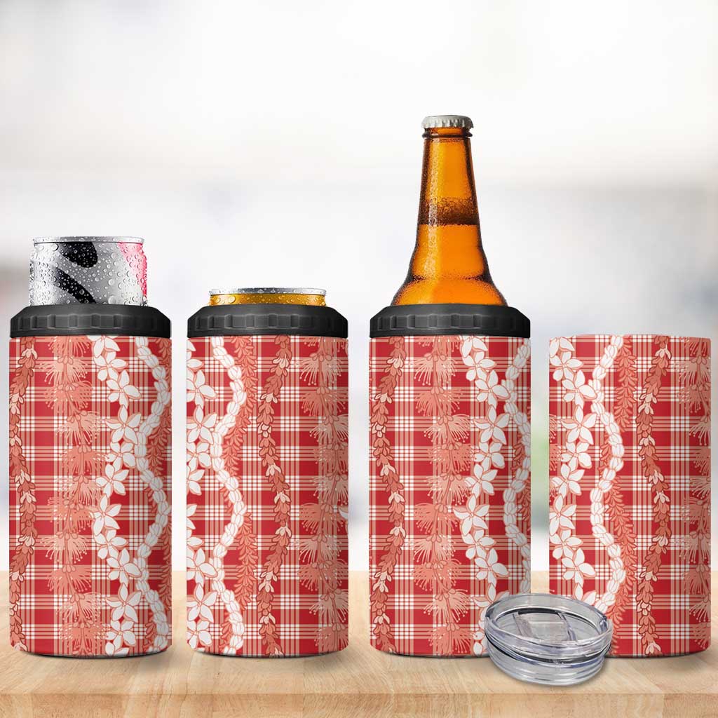 Hawaiian Ohia Lehua Lei 4 in 1 Can Cooler Tumbler Plaid Palaka Ulaula Pattern - Polynesian Pride