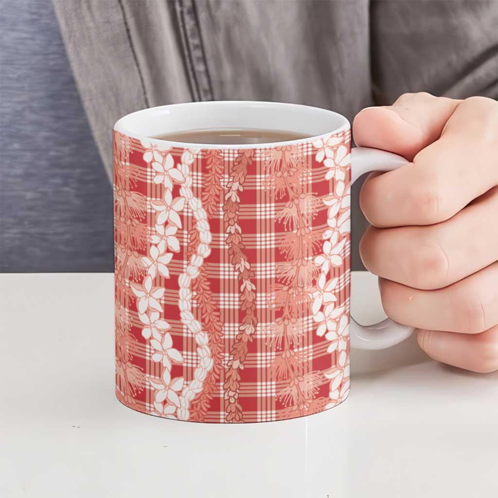 Hawaiian Ohia Lehua Lei Ceramic Mug Plaid Palaka Ulaula Pattern - Polynesian Pride