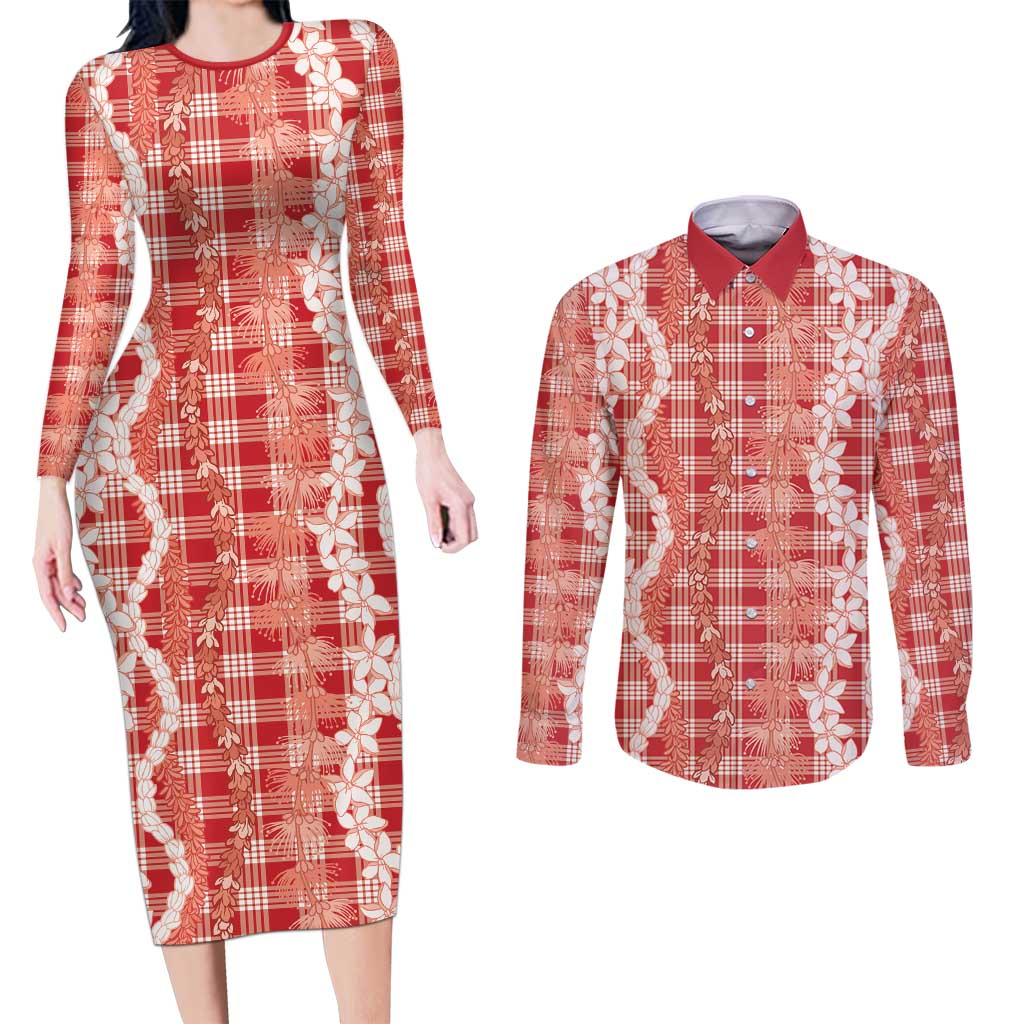Hawaiian Ohia Lehua Lei Couples Matching Long Sleeve Bodycon Dress and Long Sleeve Button Shirt Plaid Palaka Ulaula Pattern - Polynesian Pride