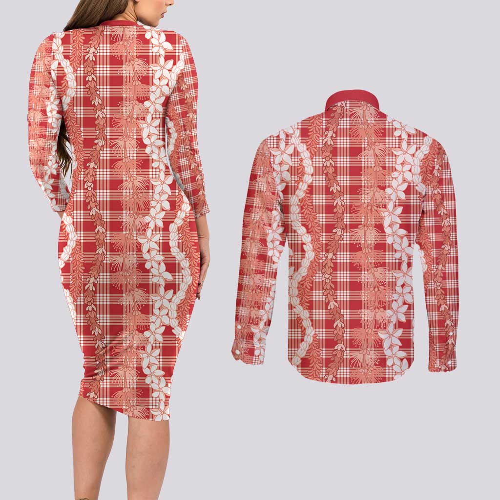 Hawaiian Ohia Lehua Lei Couples Matching Long Sleeve Bodycon Dress and Long Sleeve Button Shirt Plaid Palaka Ulaula Pattern - Polynesian Pride