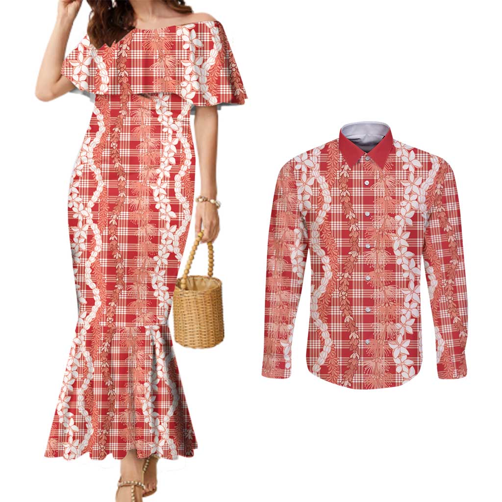 Hawaiian Ohia Lehua Lei Couples Matching Mermaid Dress and Long Sleeve Button Shirt Plaid Palaka Ulaula Pattern - Polynesian Pride
