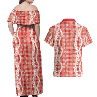 Hawaiian Ohia Lehua Lei Couples Matching Off Shoulder Maxi Dress and Hawaiian Shirt Plaid Palaka Ulaula Pattern - Polynesian Pride