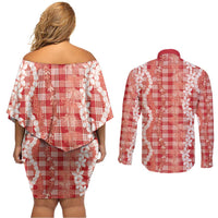 Hawaiian Ohia Lehua Lei Couples Matching Off Shoulder Short Dress and Long Sleeve Button Shirt Plaid Palaka Ulaula Pattern - Polynesian Pride