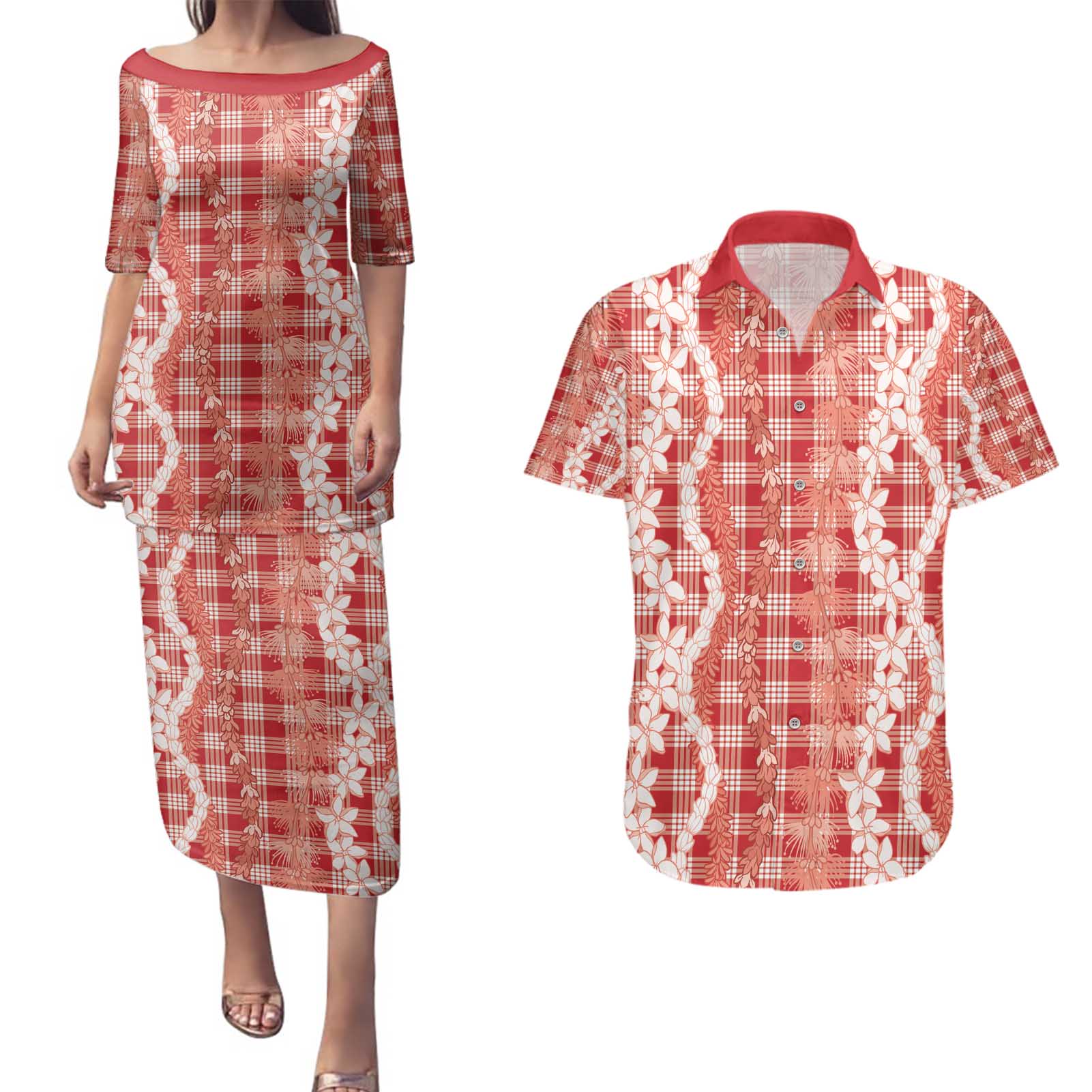 Hawaiian Ohia Lehua Lei Couples Matching Puletasi and Hawaiian Shirt Plaid Palaka Ulaula Pattern - Polynesian Pride