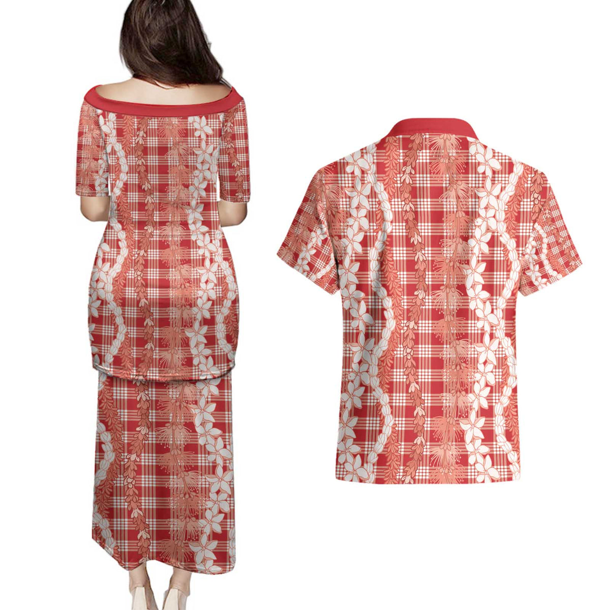 Hawaiian Ohia Lehua Lei Couples Matching Puletasi and Hawaiian Shirt Plaid Palaka Ulaula Pattern - Polynesian Pride