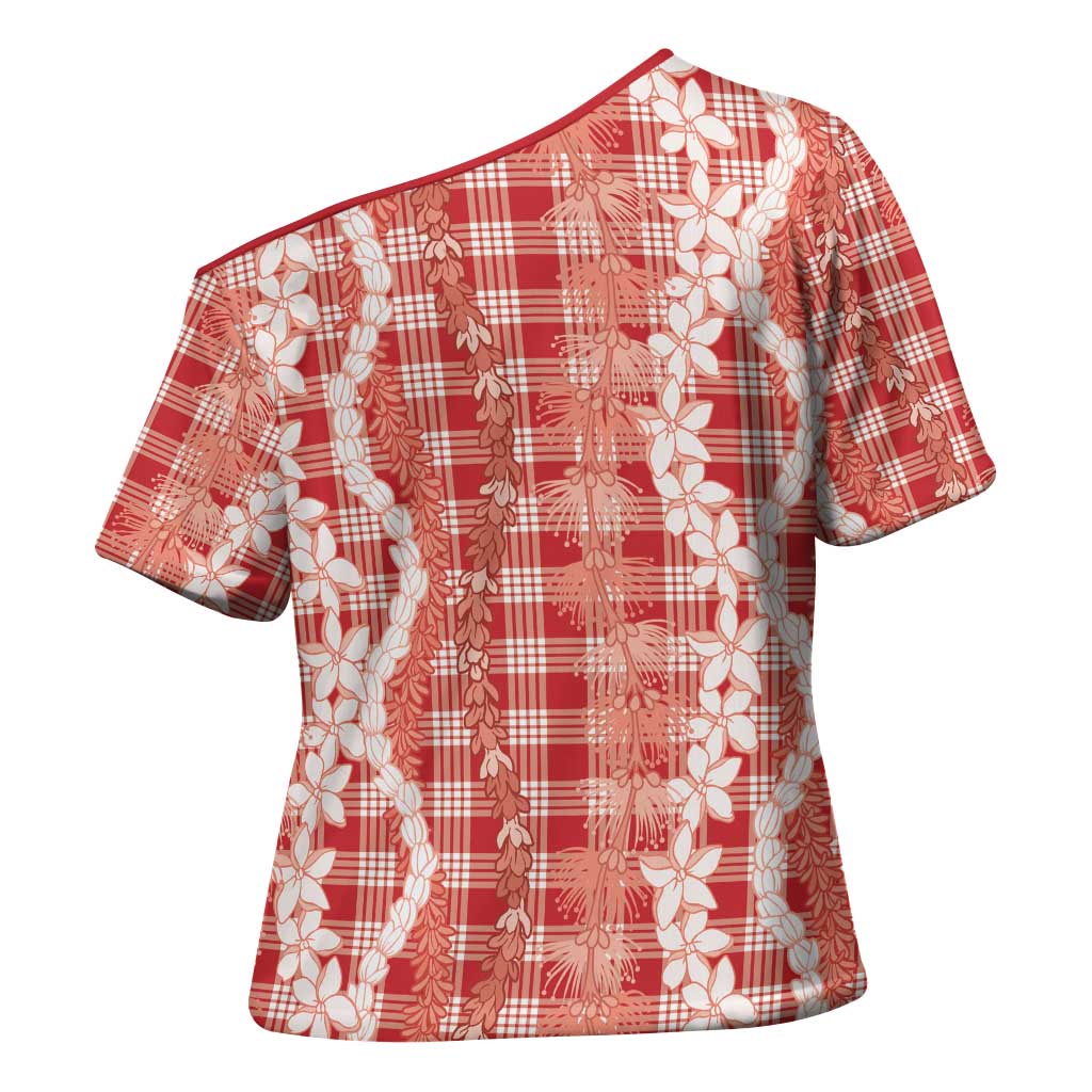 Hawaiian Ohia Lehua Lei Cross Shoulder Shirt Plaid Palaka Ulaula Pattern - Polynesian Pride
