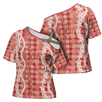 Hawaiian Ohia Lehua Lei Cross Shoulder Shirt Plaid Palaka Ulaula Pattern - Polynesian Pride