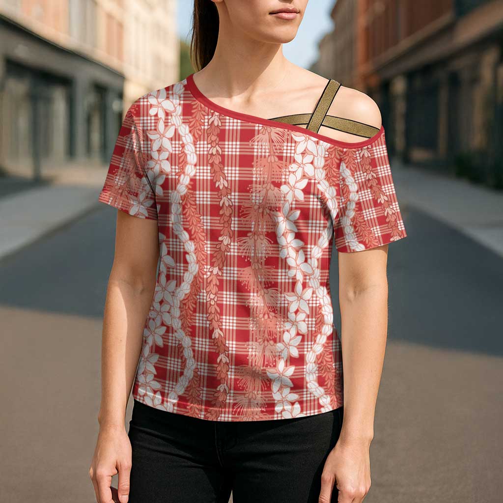 Hawaiian Ohia Lehua Lei Cross Shoulder Shirt Plaid Palaka Ulaula Pattern - Polynesian Pride