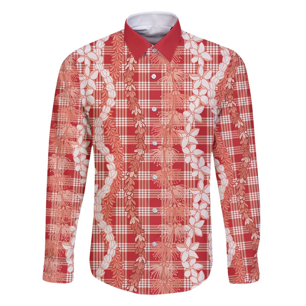 Hawaiian Ohia Lehua Lei Family Matching Mermaid Dress and Hawaiian Shirt Plaid Palaka Ulaula Pattern - Polynesian Pride