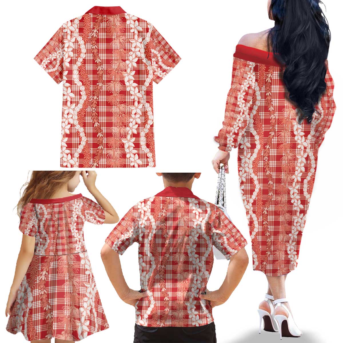 Hawaiian Ohia Lehua Lei Family Matching Off The Shoulder Long Sleeve Dress and Hawaiian Shirt Plaid Palaka Ulaula Pattern - Polynesian Pride