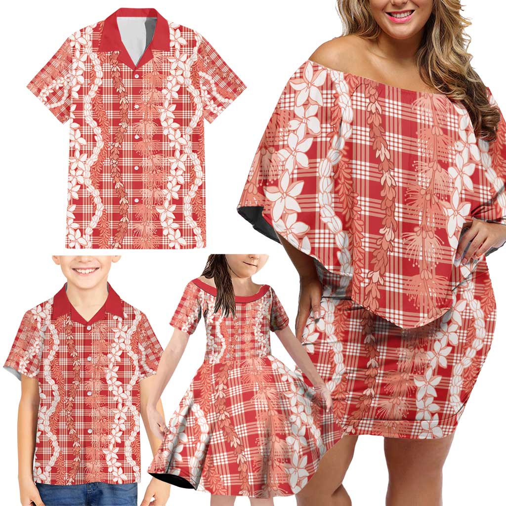Hawaiian Ohia Lehua Lei Family Matching Off Shoulder Short Dress and Hawaiian Shirt Plaid Palaka Ulaula Pattern - Polynesian Pride