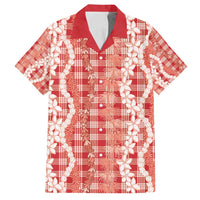 Hawaiian Ohia Lehua Lei Family Matching Off Shoulder Short Dress and Hawaiian Shirt Plaid Palaka Ulaula Pattern - Polynesian Pride