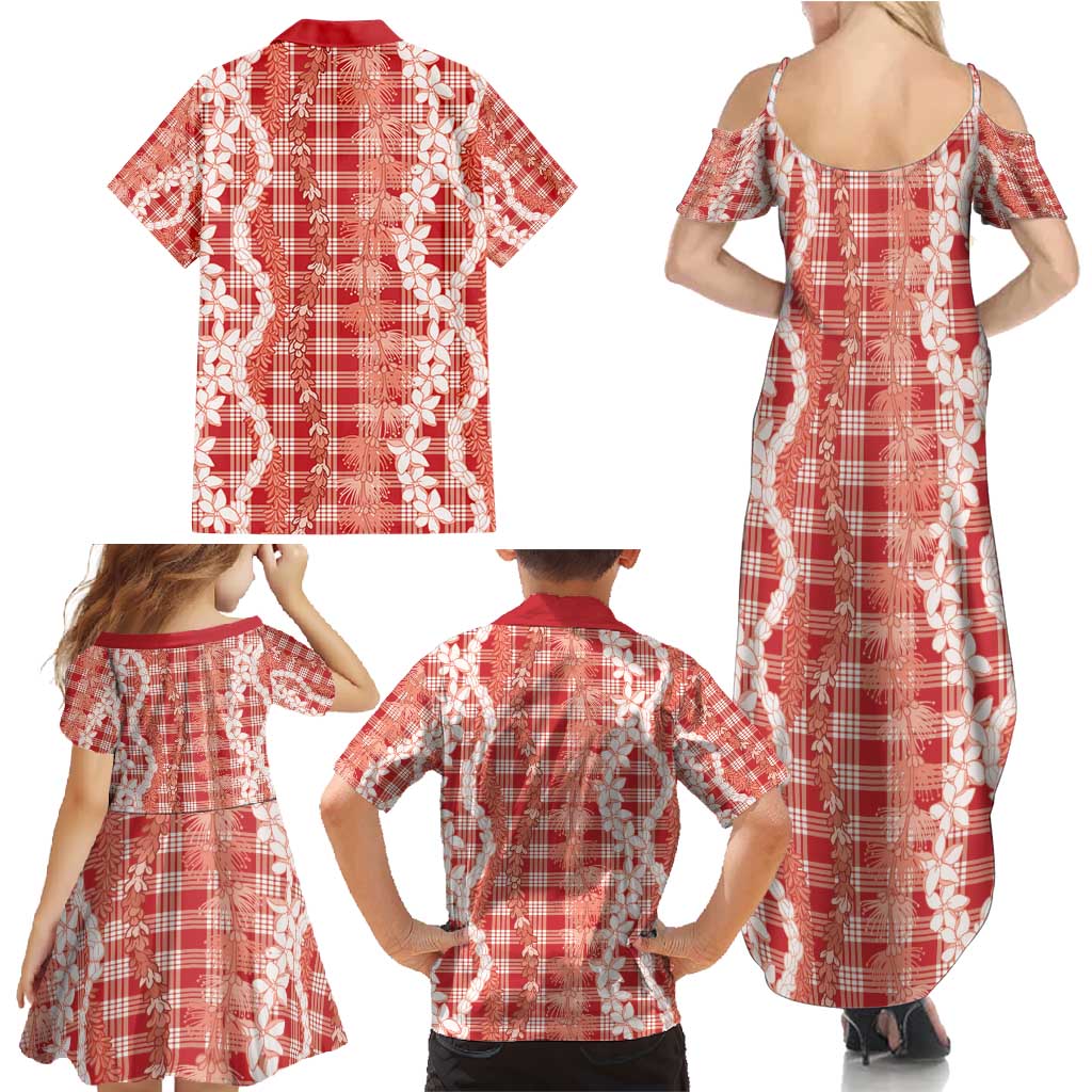 Hawaiian Ohia Lehua Lei Family Matching Summer Maxi Dress and Hawaiian Shirt Plaid Palaka Ulaula Pattern - Polynesian Pride