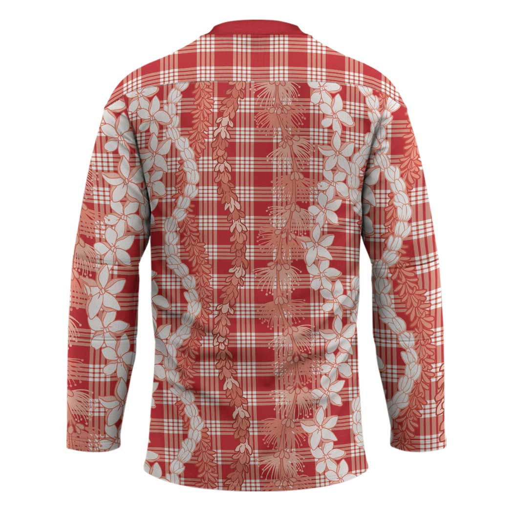 Hawaiian Ohia Lehua Lei Hockey Jersey Plaid Palaka Ulaula Pattern - Polynesian Pride