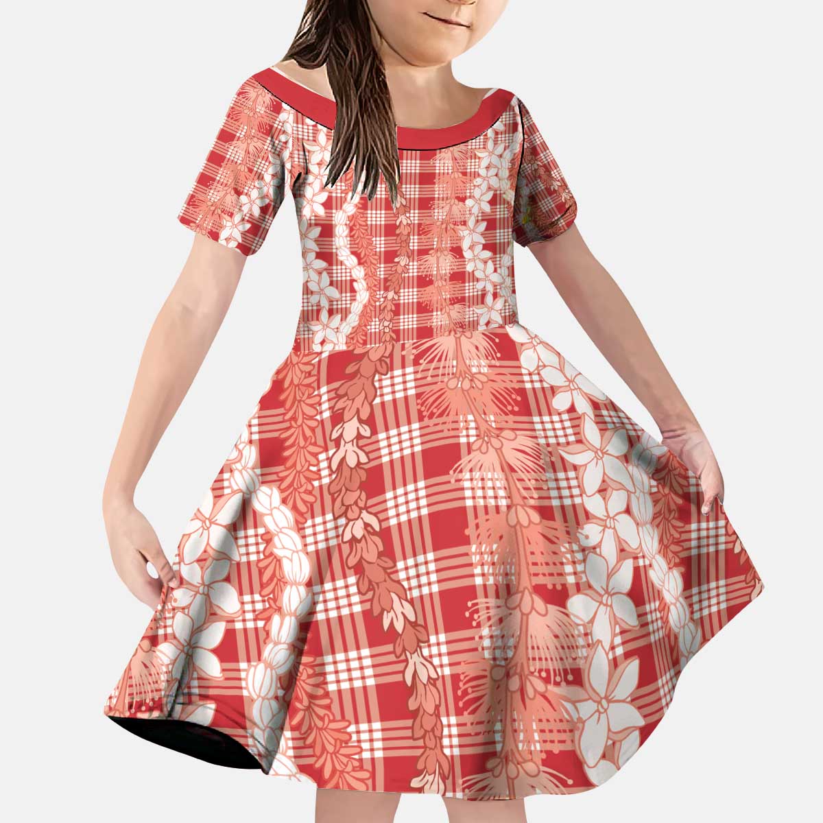 Hawaiian Ohia Lehua Lei Kid Short Sleeve Dress Plaid Palaka Ulaula Pattern - Polynesian Pride
