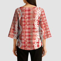 Hawaiian Ohia Lehua Lei Kimono Sleeve Blouse Plaid Palaka Ulaula Pattern - Polynesian Pride