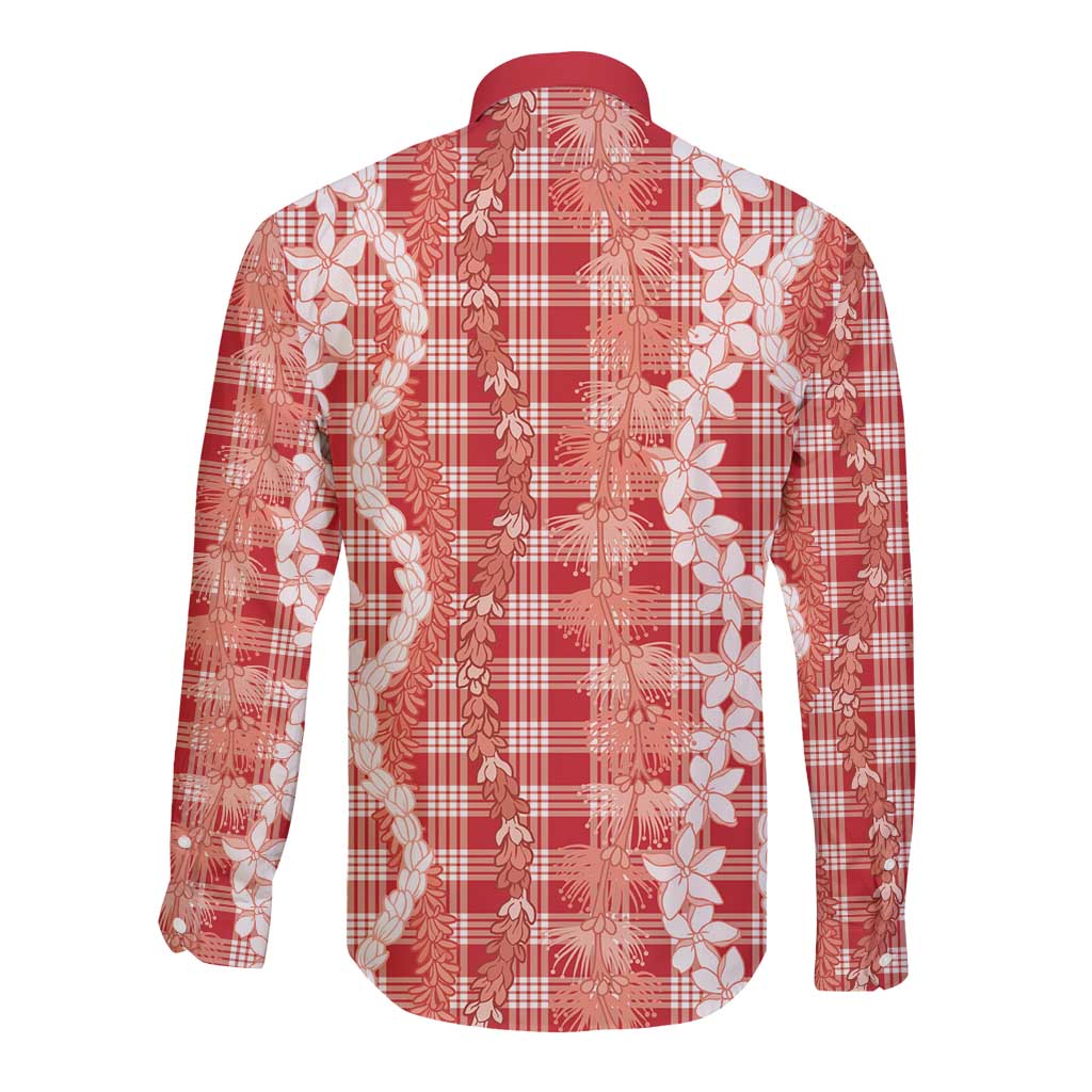 Hawaiian Ohia Lehua Lei Long Sleeve Button Shirt Plaid Palaka Ulaula Pattern - Polynesian Pride