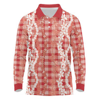 Hawaiian Ohia Lehua Lei Long Sleeve Polo Shirt Plaid Palaka Ulaula Pattern - Polynesian Pride