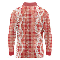 Hawaiian Ohia Lehua Lei Long Sleeve Polo Shirt Plaid Palaka Ulaula Pattern - Polynesian Pride
